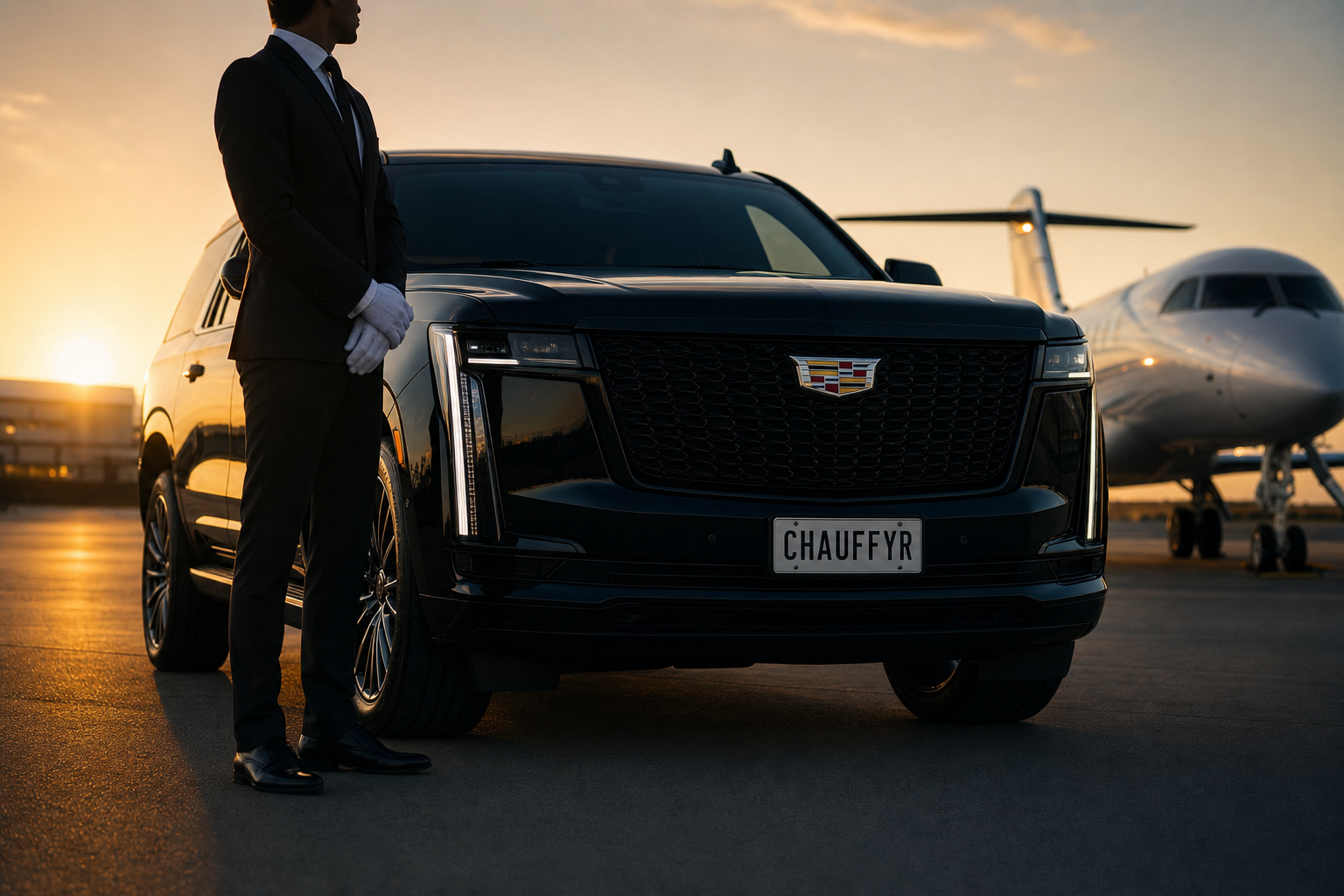 Luxury black executive SUV with Chauffyr license plate