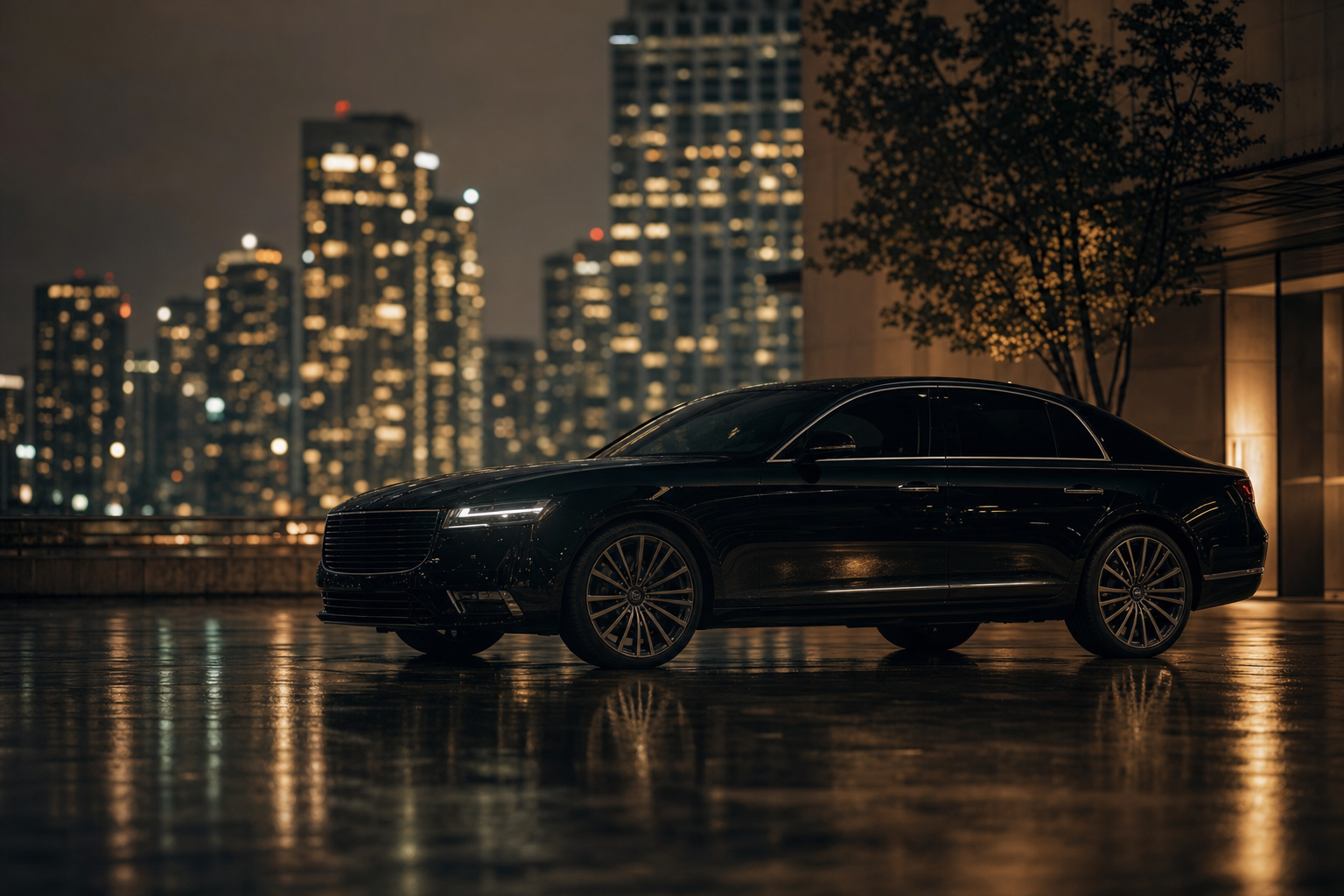 Black executive sedan on a wet city street at night